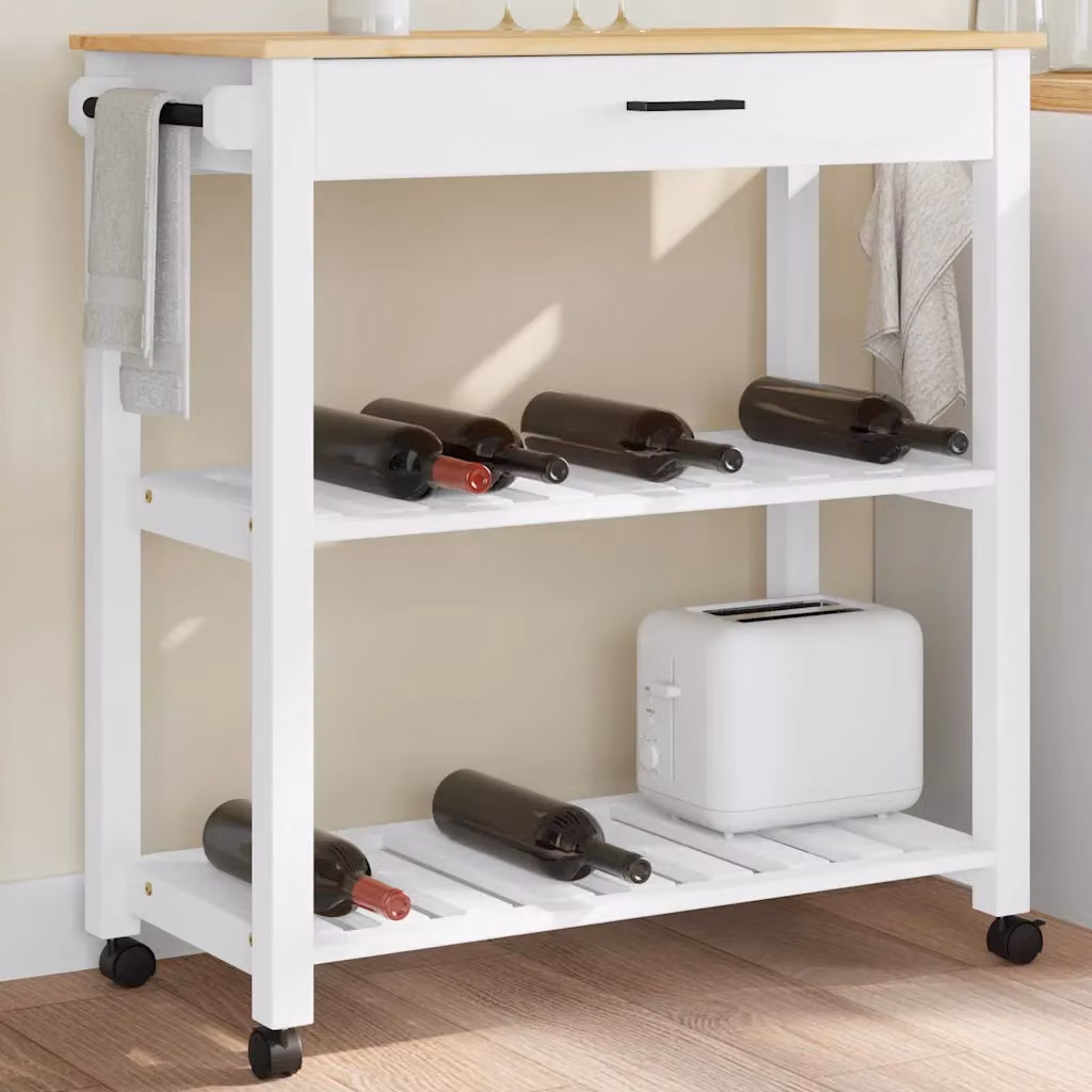 vidaXL Carrello da Cucina MONZA in Legno di Pino e Metallo, Bianco, L/P/H: 84 x 40 x 88,5 cm