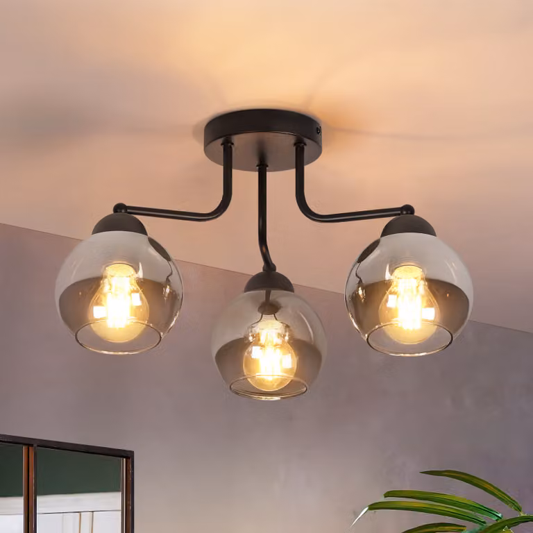 ZMH plafoniera vetro plafoniera nero vintage cucina lampada soffitto 3 fiamme industriale E27 presa globo plafoniera rotonda senza lampadina