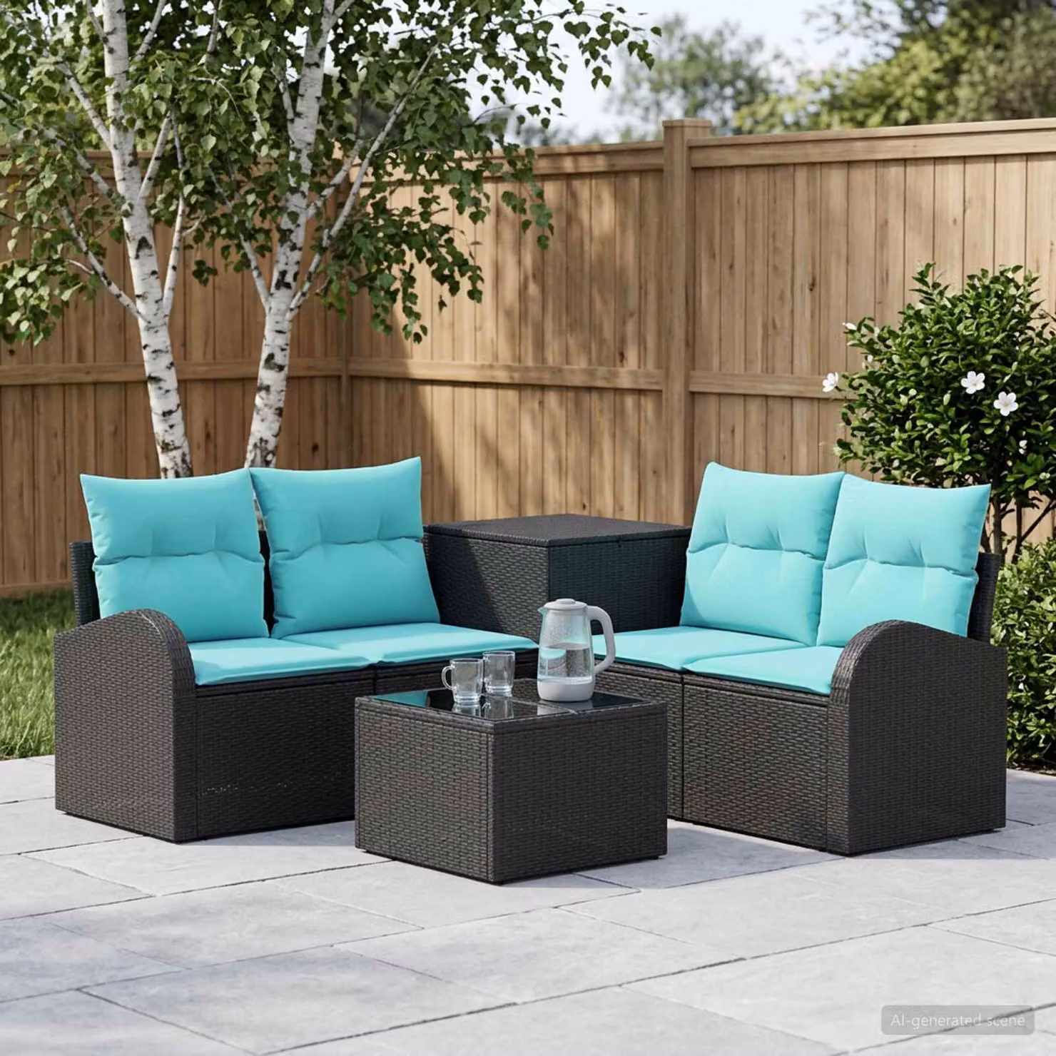 Set di divani da giardino vidaXL 6 pz in rattan sintetico e acciaio nero e blu con tavolo da caffè e cuscini inclusi