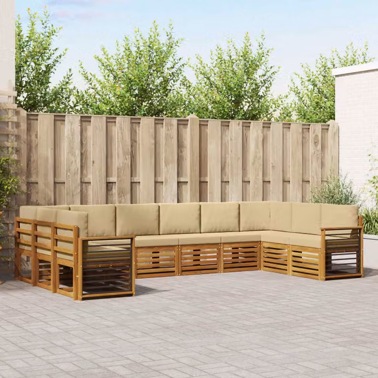 vidaXL Set di divani da esterno componibili a L in legno di acacia, 10 pezzi, Beige e Naturale
