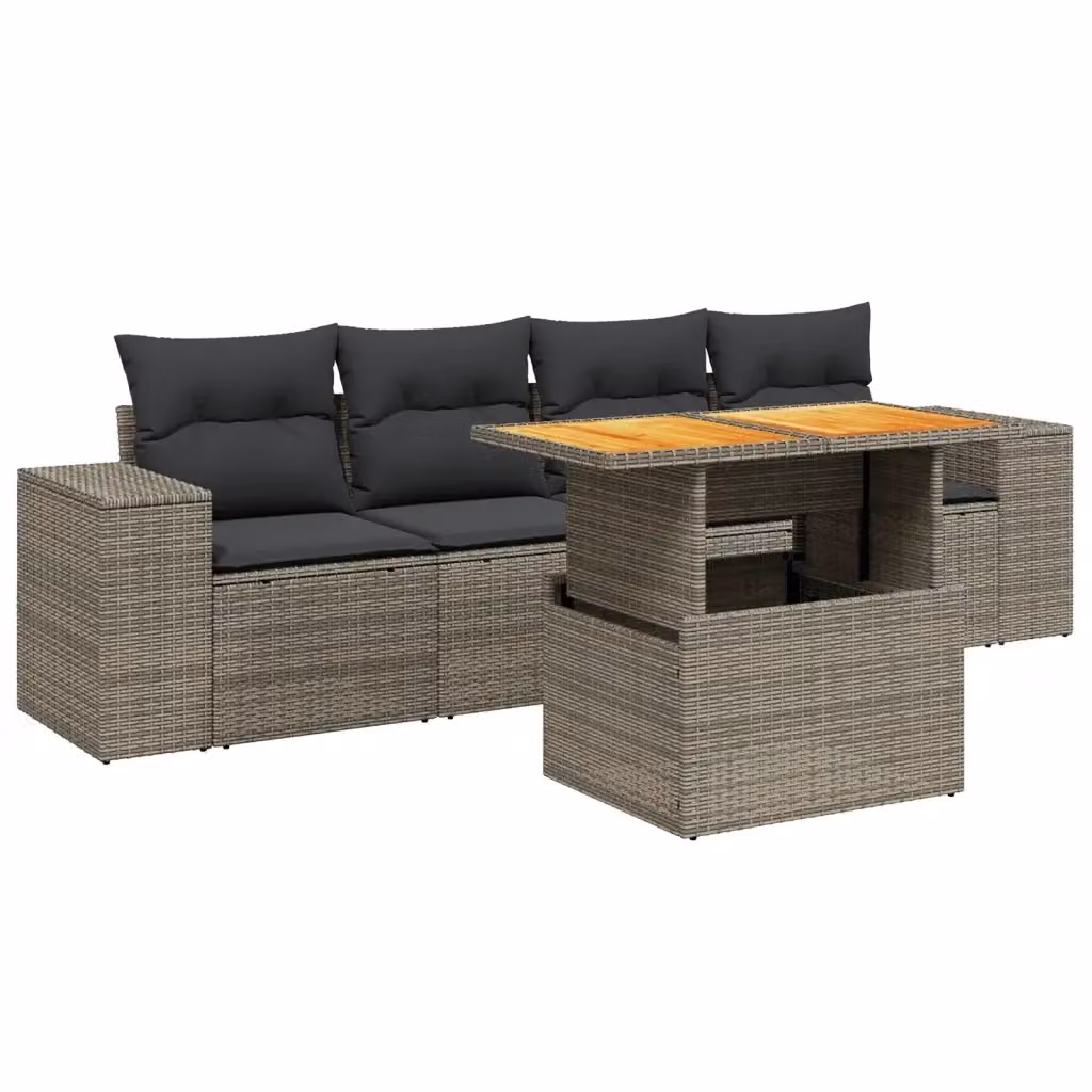 vidaXL Set Divano da Giardino 5 pz in Polyrattan Grigio con Cuscini e Tavolino – 2