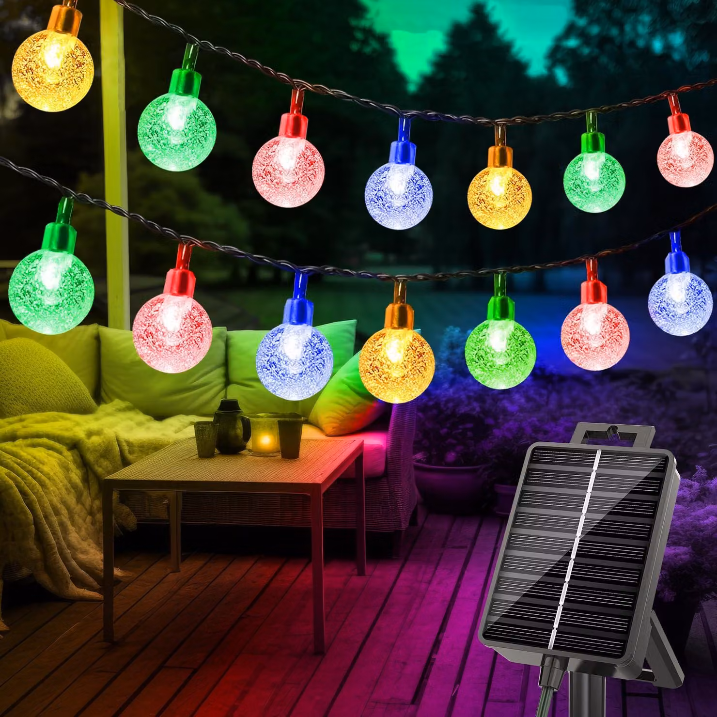 Catena luminosa solare da 15 metri, con 50 sfere di cristallo a LED, 8 modalità, resistente alle intemperie, per uso esterno