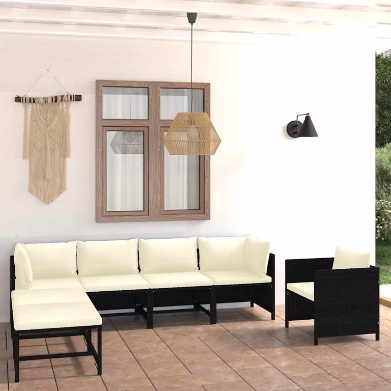 Set di divani da giardino vidaXL a forma di L composto da 7 pezzi con cuscini bianchi e struttura in rattan e metallo nero