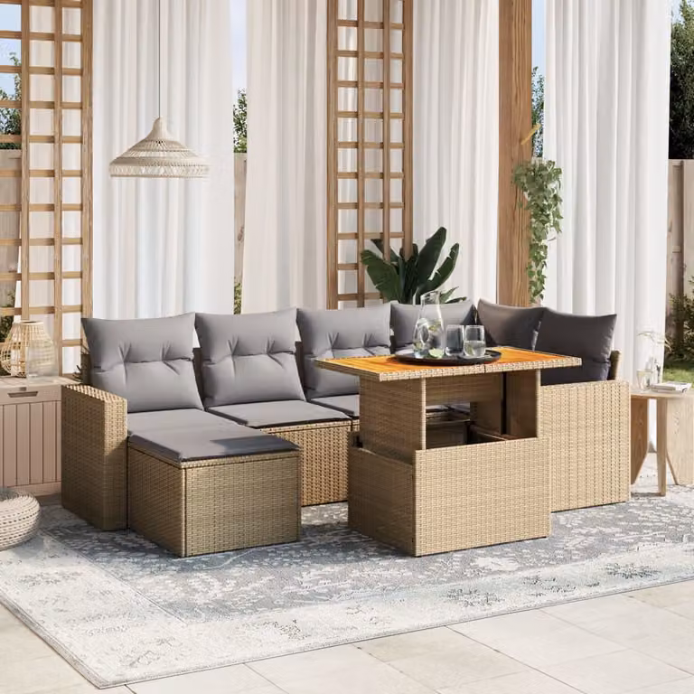 vidaXL Set Divani da Giardino 7 pz in Polyrattan con Cuscini Beige e Tavolino da Esterno