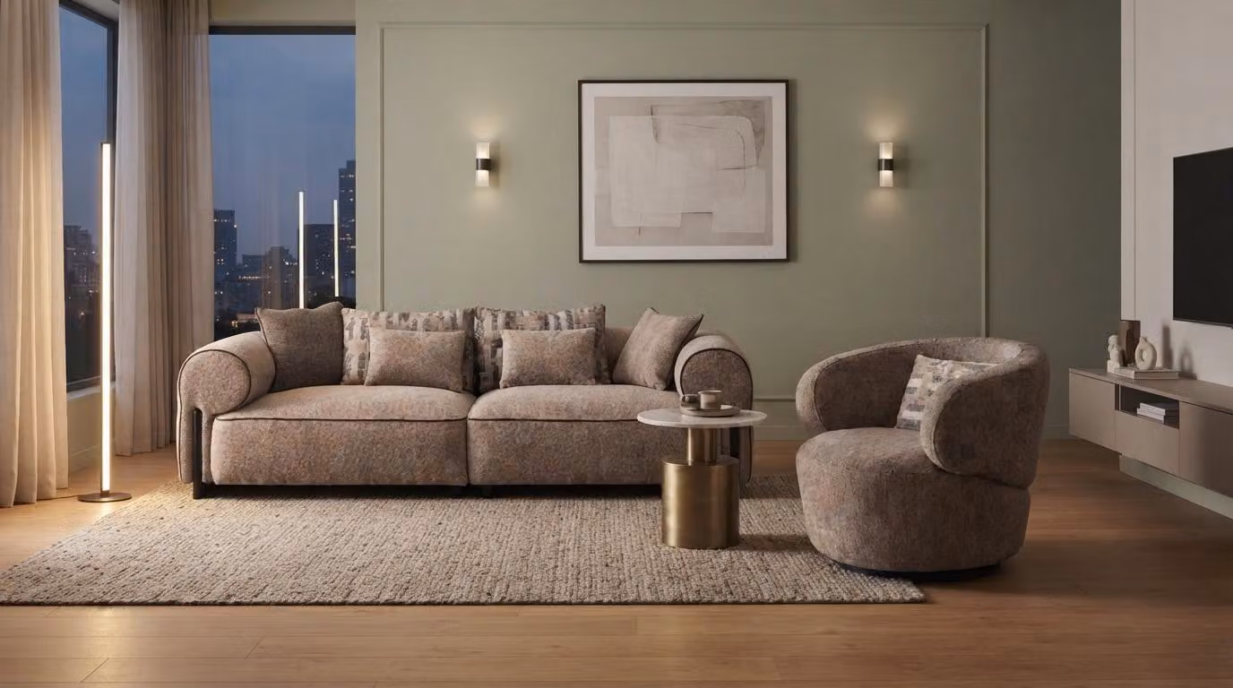 Beiges Modernes 3-Sitzer Sofa mit Sessel Wohnzimmer Stoff Couch