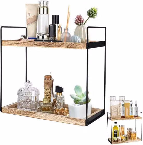 Ibenzoa® Portaoggetti da parete per bagno e cucina, senza foratura – 2 ripiani, legno/metallo, 35x17x33 cm, ripiani 30x13 cm, rivestimento impermeabile, colore naturale