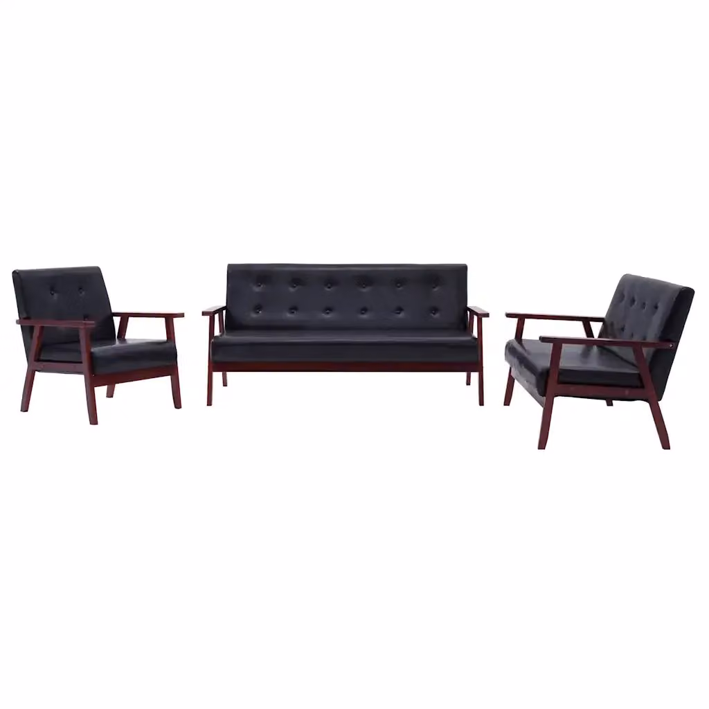 Set di divani 3 pezzi vidaXL in similpelle nera con struttura in legno massiccio per soggiorno – 2