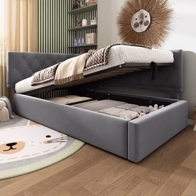 Letto singolo a divano 90 × 190 cm con contenitore idraulico in velluto grigio rete a doghe inclusa