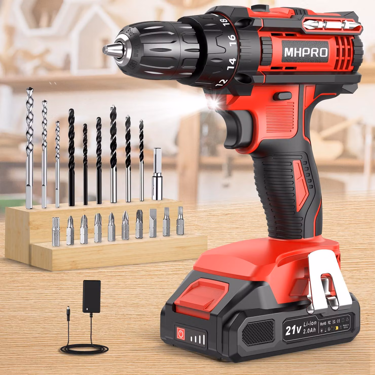 Avvitatore a batteria, 21 V, set di avvitatori a batteria con batteria da 2000 mAh e 20 accessori, valigetta, trapano a batteria con coppia massima di 42 Nm, 18+1 velocità