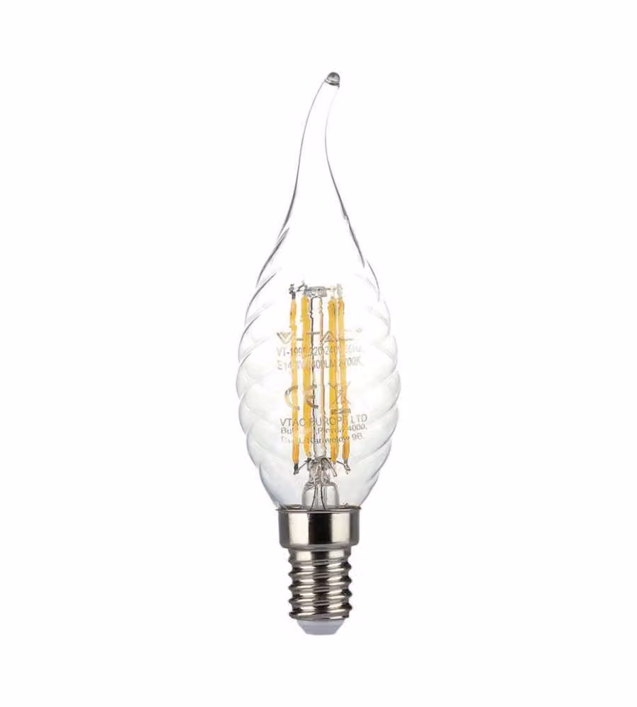 Lampadina LED E14 4W 100LM/W Candela a Fiamma Tortiglione Filamento 3000K
