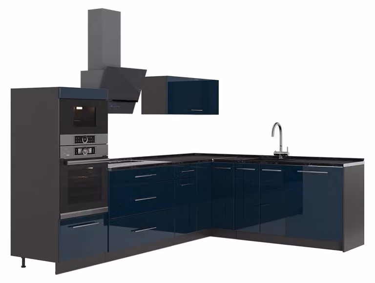 Cucina angolare completa Vicco Fame-Line Blu scuro lucido/Antracite 287 x 207 cm, PL Antracite, Model 63473