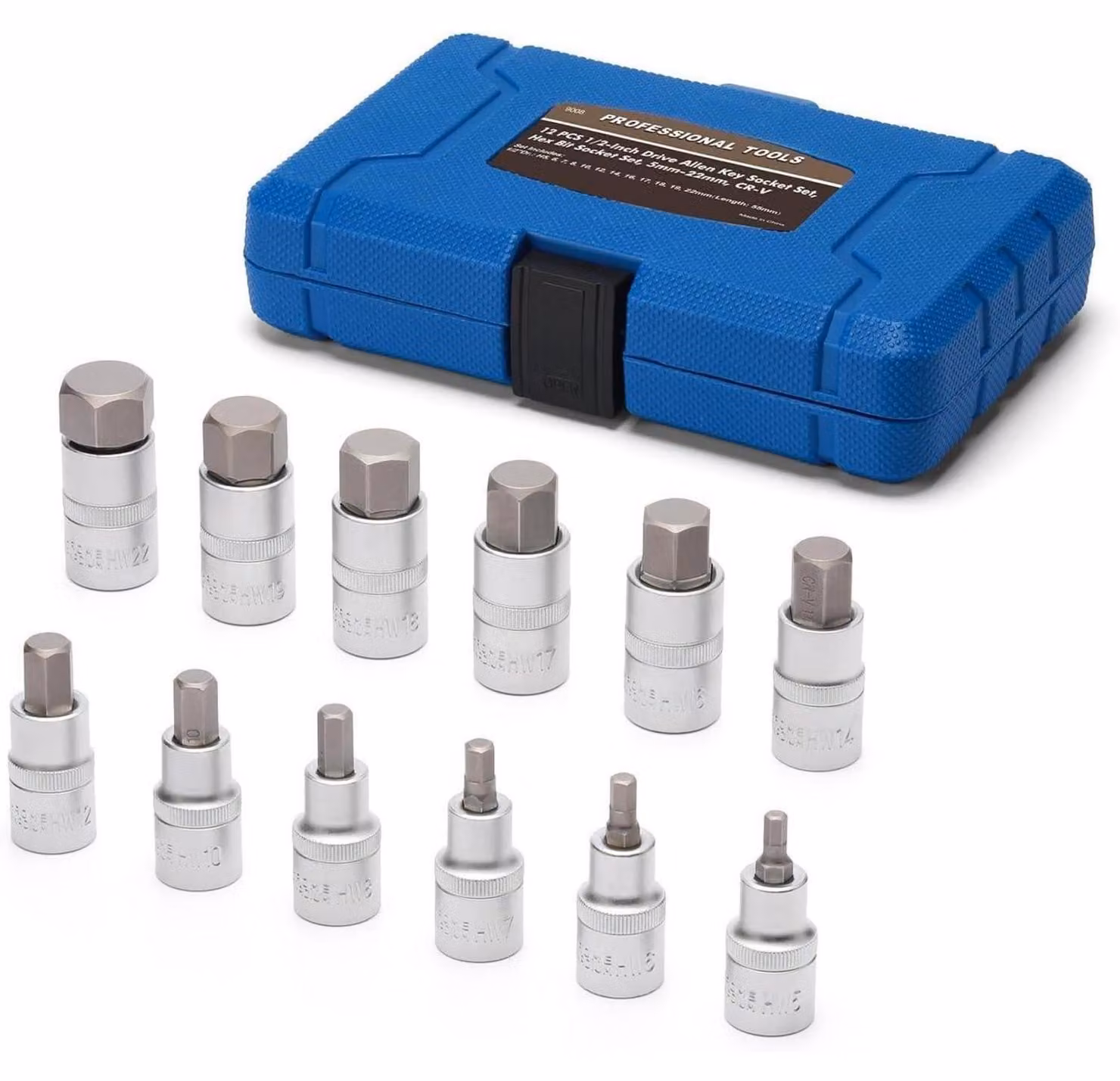 Set di chiavi a bussola da 1/2", tipo a "H", da 5mm a 22mm, in acciaio CR-V, composto da 12 pezzi, con custodia