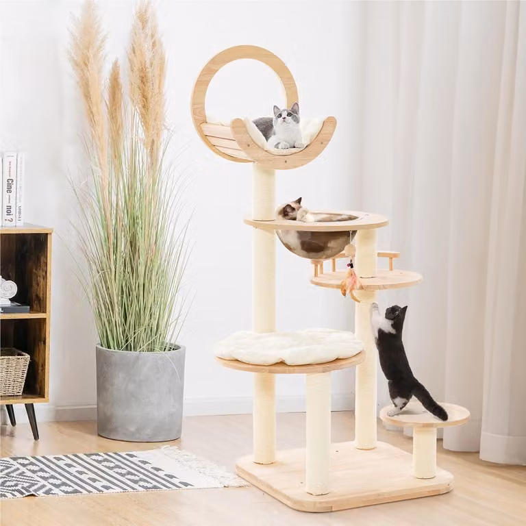Albero per gatti - Torre per gatti - Tiragraffi - Area giochi per gatti - Arredamento per gatti - Design in legno 4-in-1 - Nido a forma di capsula, color beige