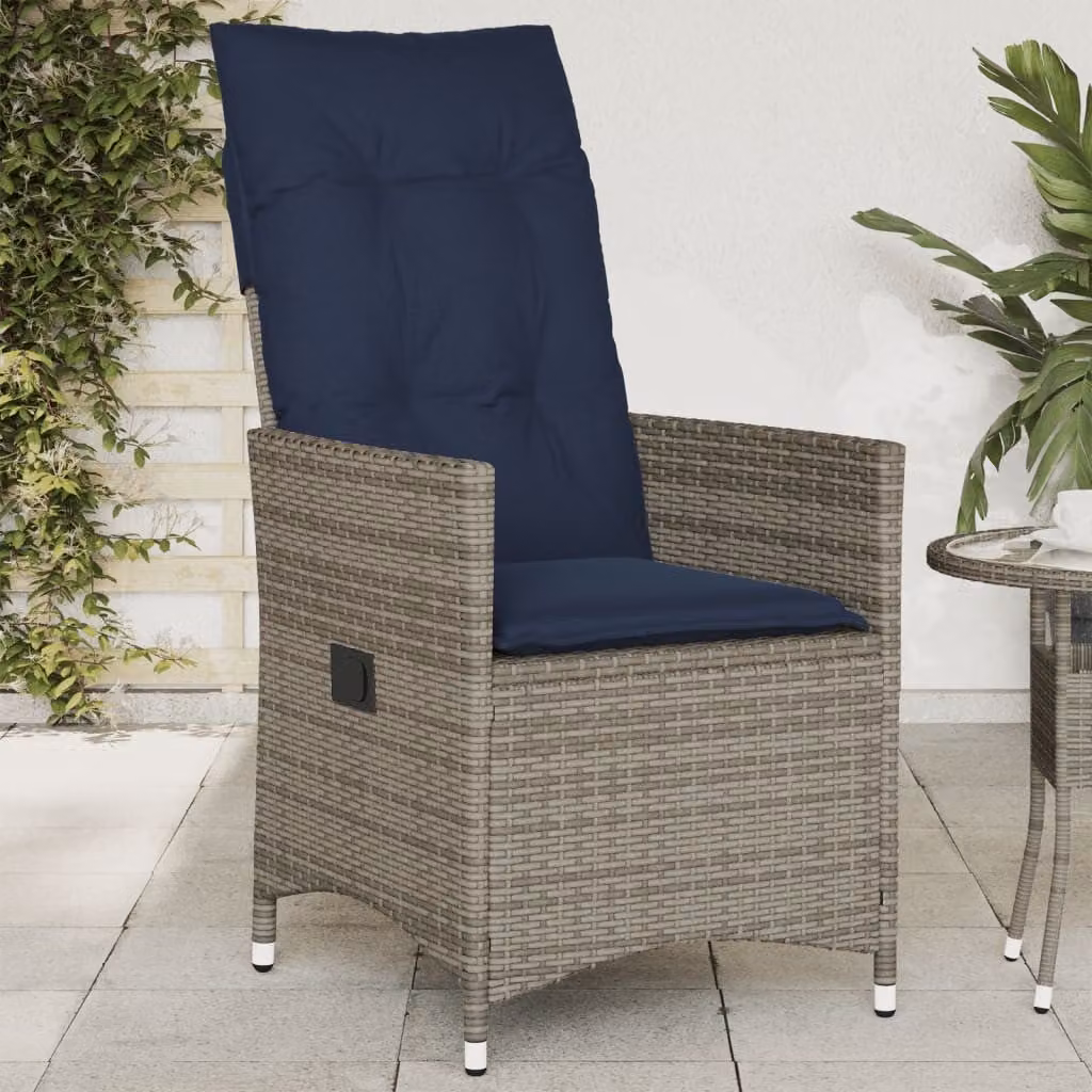 Sedia da giardino reclinabile vidaXL in polyrattan grigia con cuscini e braccioli