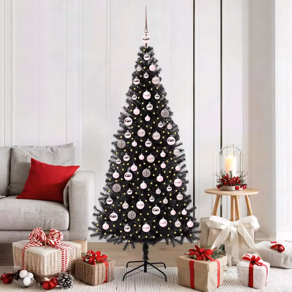 Albero di Natale moderno vidaXL nero in PVC con luci LED bianco caldo, Altezza: 180 cm