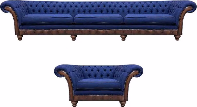 Blaue Chesterfield Polstermöbel Designer 3-Sitzer Sofa Stoffsessel 2tlg