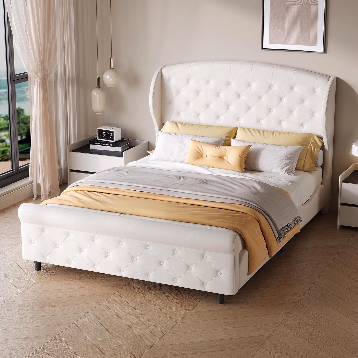 UnboxG Letto imbottito 140x200 cm beige, letto matrimoniale con rivestimento in velluto, struttura imbottita con rete a doghe, letto moderno in tessuto con comoda testiera per camera da letto