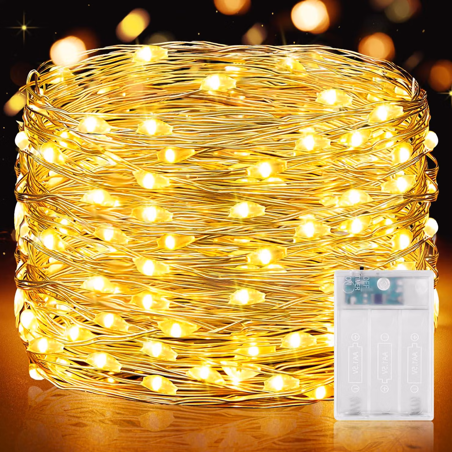 Catena luminosa a LED, 15 metri, 150 LED bianco caldo, alimentata a batteria, con timer