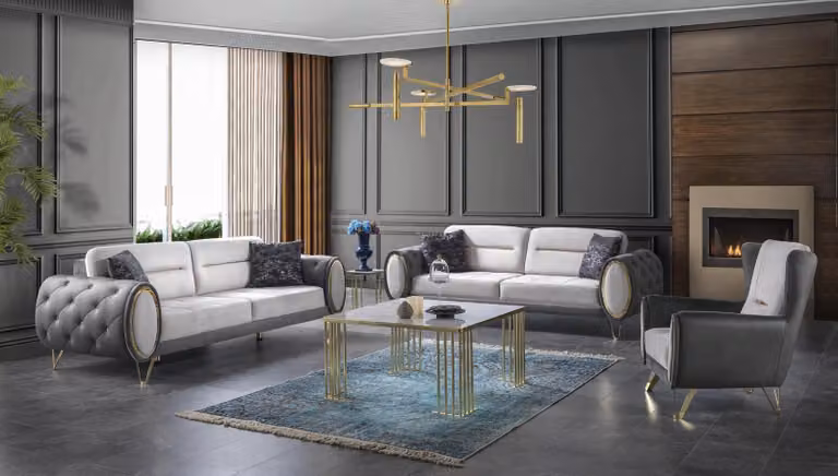 Sofagarnitur 2x 3-Sitzer Sofas Stoff Couchen Polster Garnitur Sofas Grau Sessel