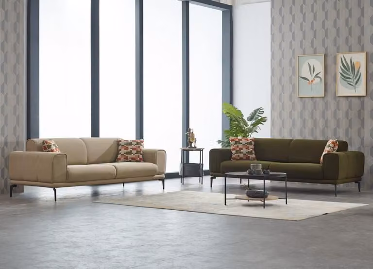 Couchgarnitur Polstersofa Dreisitzer Grün Couch Beige Stoffsofa 2tlg