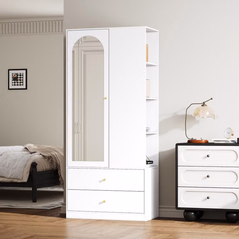 Armadio a battente Merax, con specchio, 2 cassetti e 4 ripiani interni, ideale per l'ingresso o la camera da letto, dimensioni 80x40x180 cm, colore bianco