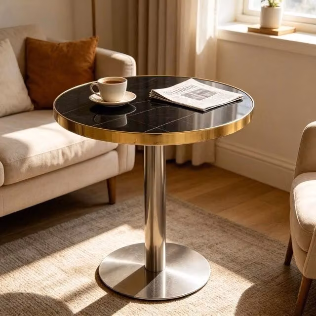 Tavolino da salotto rotondo con piano effetto marmo UV e struttura in acciaio inox dorato, tavolino moderno robusto per soggiorno