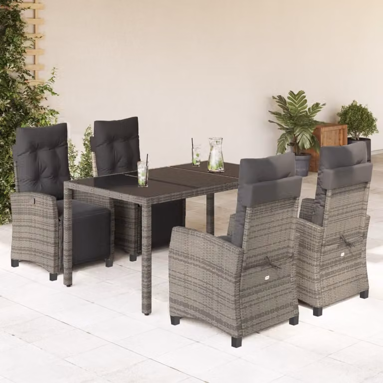 Set da pranzo da giardino vidaXL in polyrattan e vetro con 5 pezzi e cuscini, colore grigio