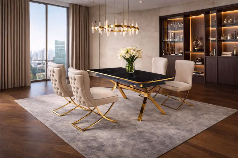Tavolo con 4 sedie, stile moderno, colore nero, nuovo, comodo, forma rettangolare
