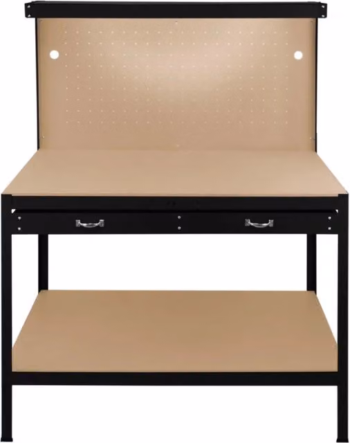 Banco da lavoro con cassetti e pannello forato MONSTER SHOP nero con luce LED, capacità di carico 200 kg, L: 120 cm, P: 60 cm, H: 155 cm