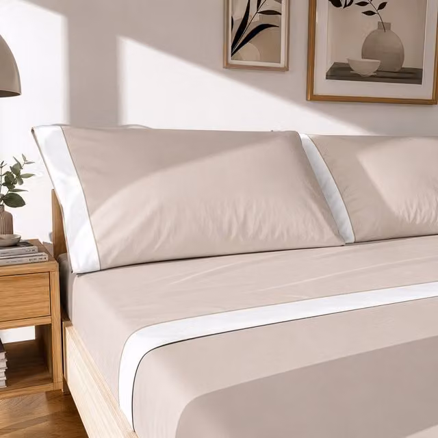 Completo letto matrimoniale cotone bordato beige