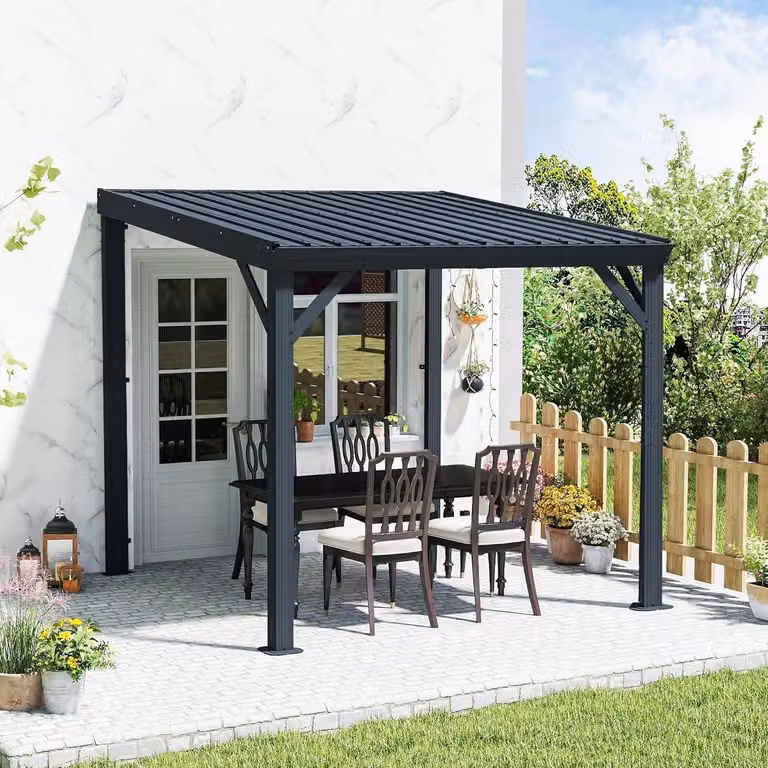 Gazebo da parete, dimensioni 2,4 x 2,4 metri, colore grigio, dotato di sistema di drenaggio e tetto in acciaio zincato