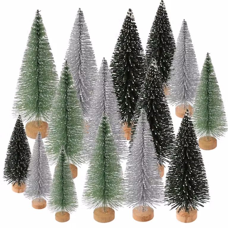 OMJMYY, 15 piccoli alberi di Natale artificiali, mini alberi di Natale, in miniatura, abeti artificiali con effetto neve, ideali per decorazioni da tavolo, decorazioni natalizie, vetrine e progetti fai-da-te