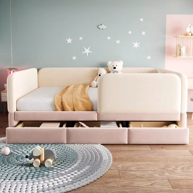 Letto per bambini REDOM in velluto con 3 cassetti, Beige/Rosa, L: 140 cm, P: 200 cm, H: 67 cm