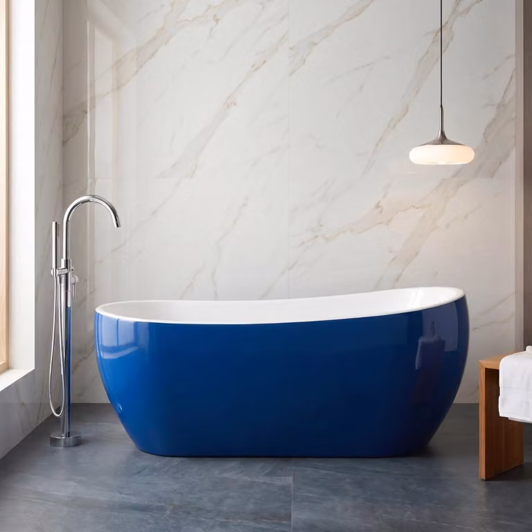 Vasca da bagno freestanding da 170 cm, blu e bianca, in composito, con sifone in omaggio