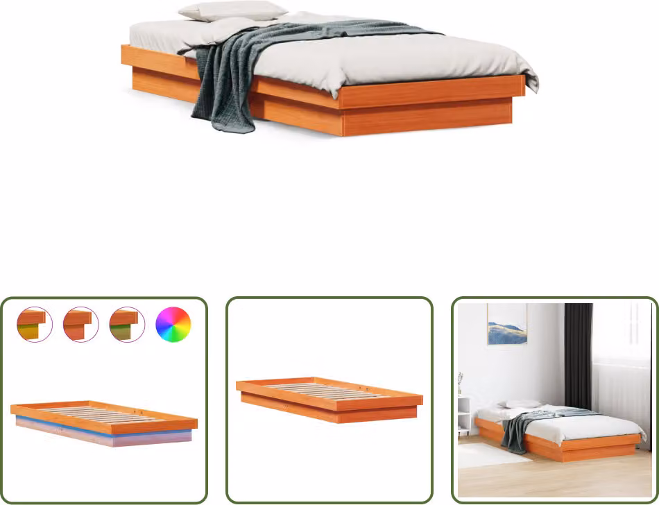 The Living Store Letto in legno massiccio con illuminazione LED marrone cera 100x200 cm pino