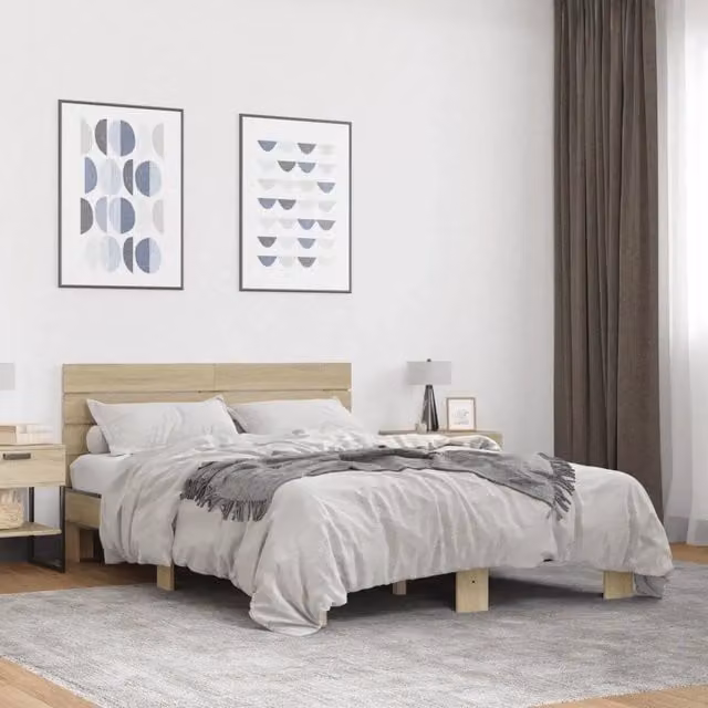 Letto Giroletto vidaXL in Rovere e Metallo, Colore Marrone, L/P/H: 140 x 200 x 30 cm – 1