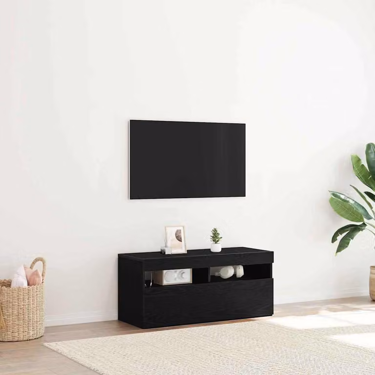 Mobile TV vidaXL moderno in legno ingegnerizzato rovere nero con illuminazione integrata L 90 cm, P 35 cm, H 40 cm