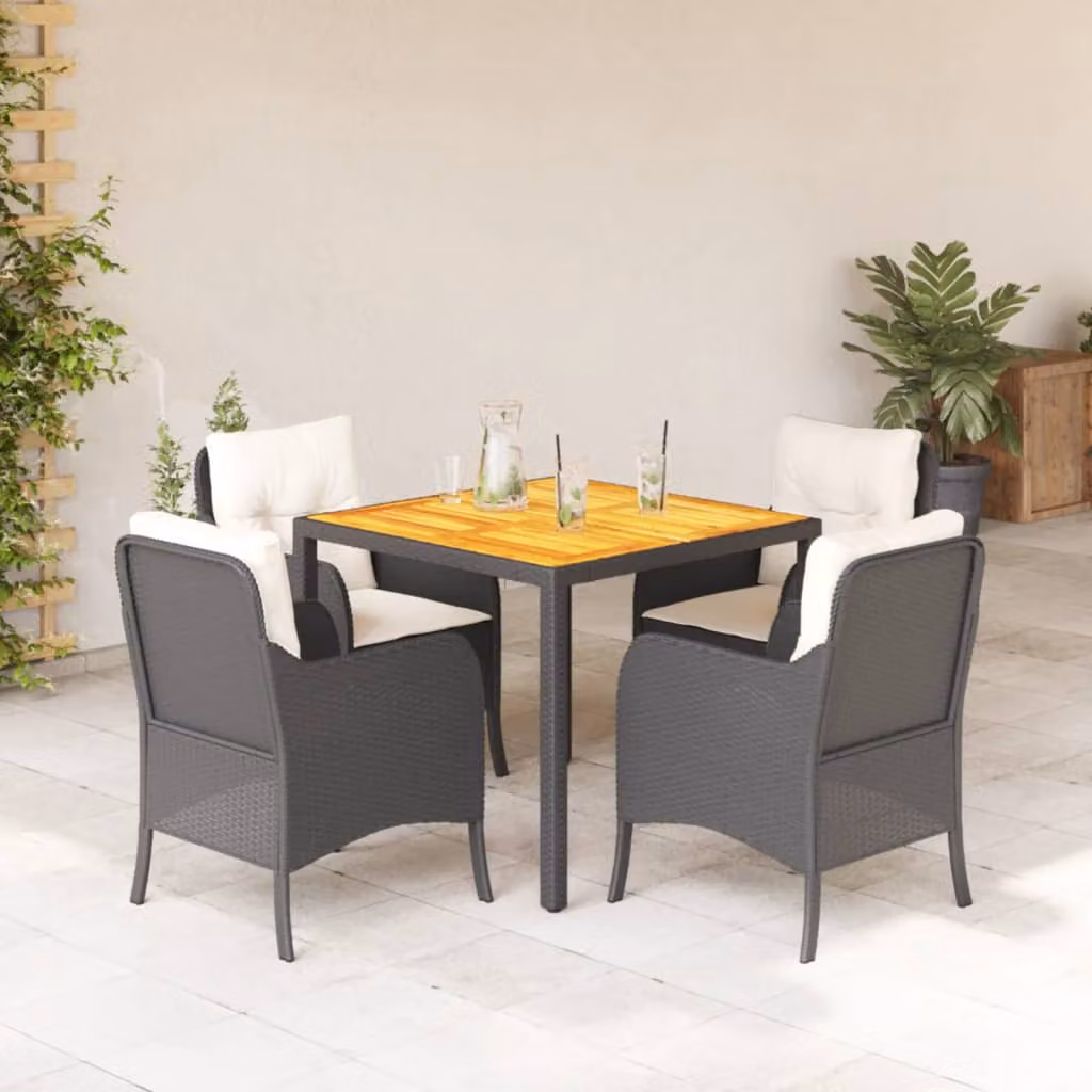 Set da pranzo da giardino moderno vidaXL in legno di acacia e rattan con struttura in acciaio verniciato nero e cuscini bianchi, 5 pezzi