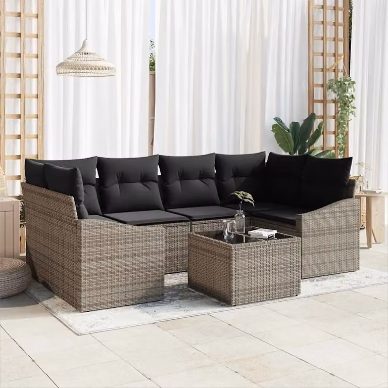 Set di divani da giardino vidaXL a forma di U in rattan grigio con cuscini e tavolino da esterno