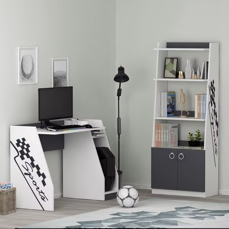 HOMIDEA Scrivania Roby con libreria – Postazione computer, angolo studio e spazio contenitivo per la camera dei bambini e dei ragazzi (bianco/antracite)