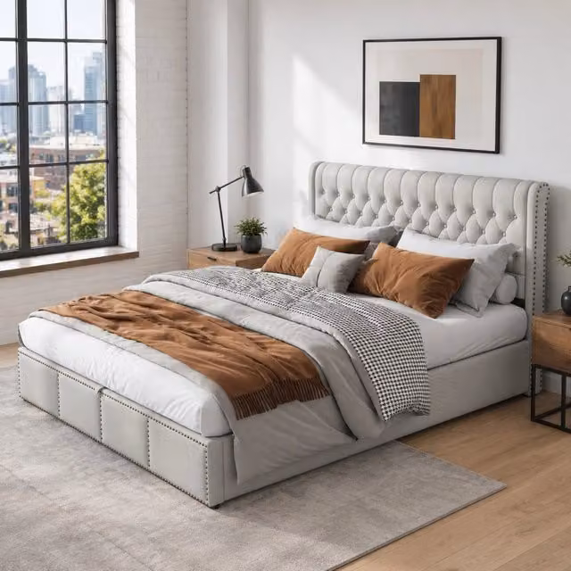 Letto matrimoniale imbottito 180 × 200 cm contenitore in lino grigio con testiera alta e rete a doghe