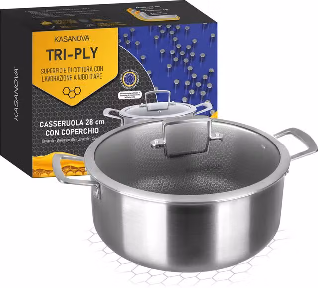 Casseruola Kasanova in acciaio inox e alluminio con coperchio in vetro, diametro 28 cm, colore argento