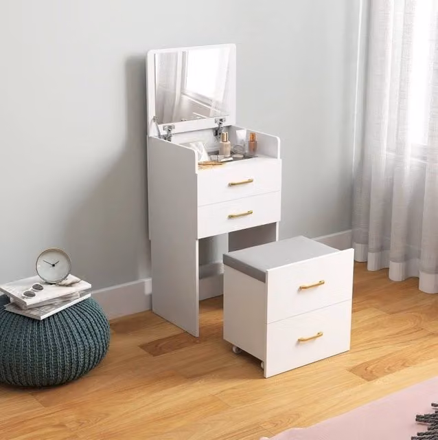 Tavolo da trucco 3-in-1 con specchio, comodino e sgabello con ruote, bianco, 48x40x90 cm