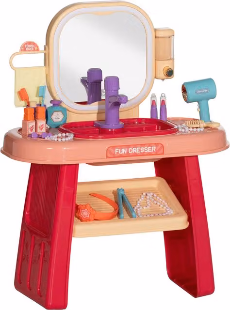 AIYAPLAY Tavolo Toeletta per Bambine con Specchio e Rubinetto, Rosa, L 55 x P 29 x H 71 cm – 1