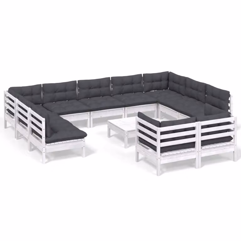 Set Divani da Giardino 12 pz con Cuscini Bianchi Legno di Pino