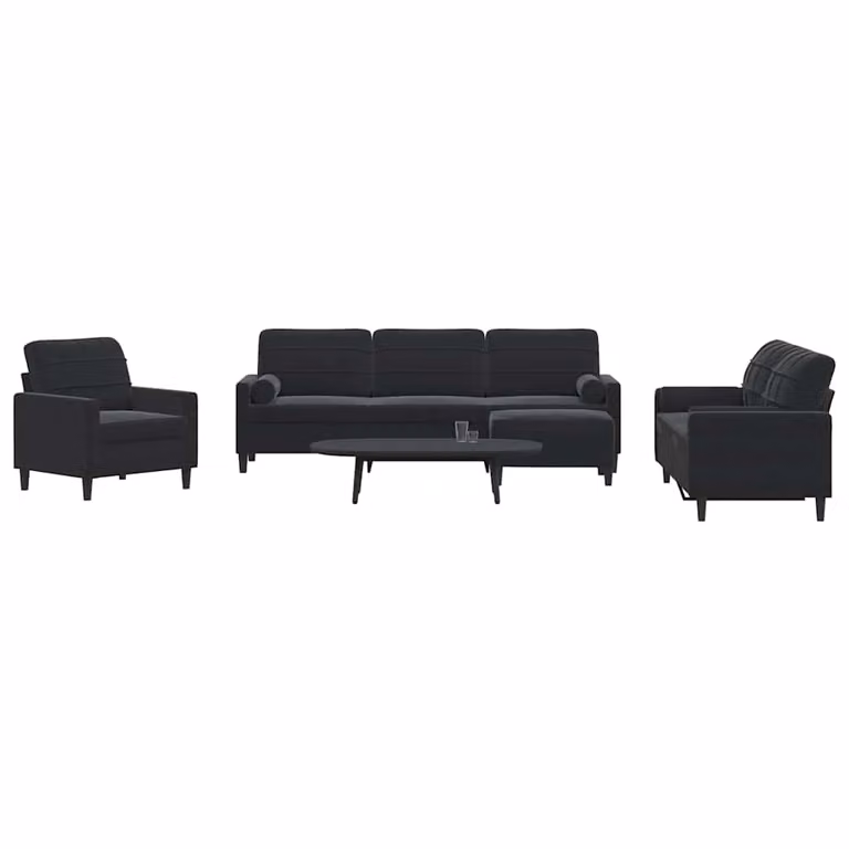 Set di divani moderno vidaXL in velluto nero composto da un divano a 3 posti, un divano a 2 posti, un pouf e cuscini con struttura in metallo