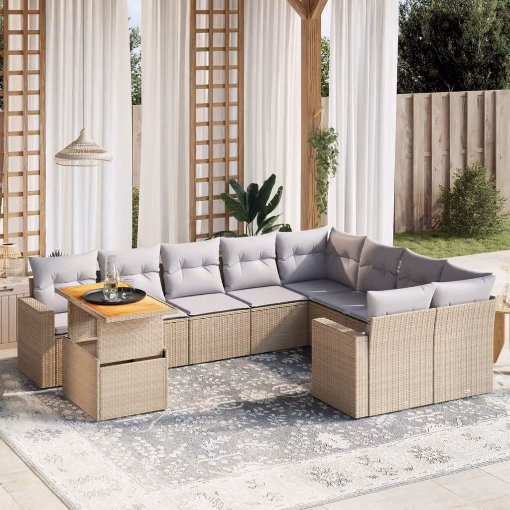 vidaXL Set Divano da Giardino 10 pz a Forma di L in Polyrattan con Cuscini Beige e Grigio e Tavolino da Esterno – 1
