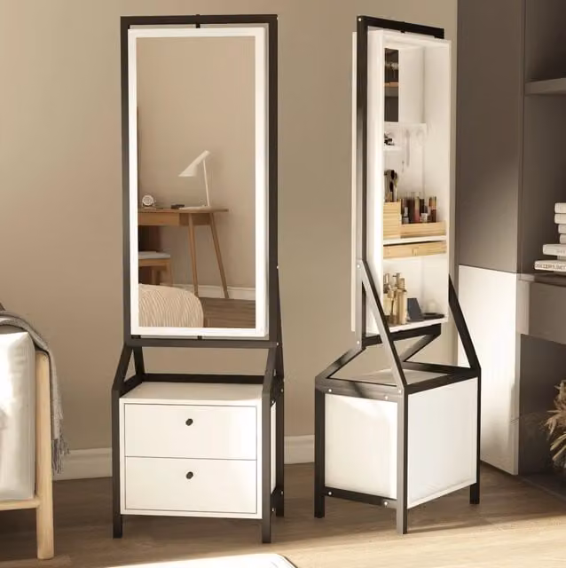 Armadio portagioie moderno bianco con specchio a figura intera e cassetti interni in legno e metallo – 1