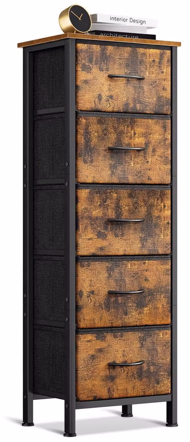 Comodino stretto con 5 cassetti rivestiti in tessuto, struttura in acciaio, piano in legno, stile vintage, dimensioni 40x30x120 cm