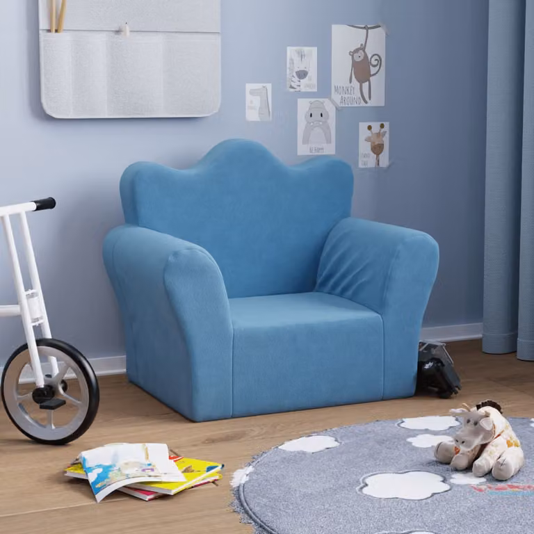vidaXL Divano per bambini in morbido peluche blu L: 76,7 cm, P: 54 cm, H: 45 cm, 34 cm